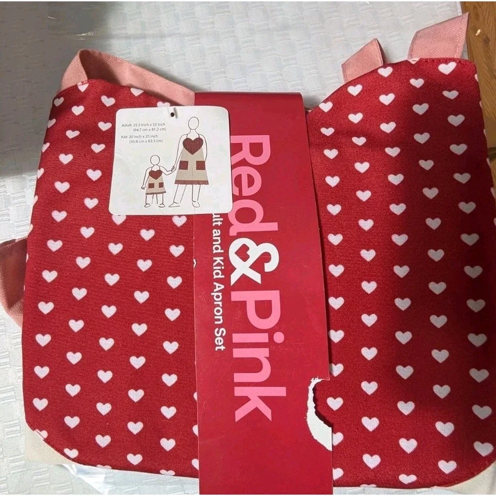 Adult & Kid Apron Set  Pink And Red With Hearts